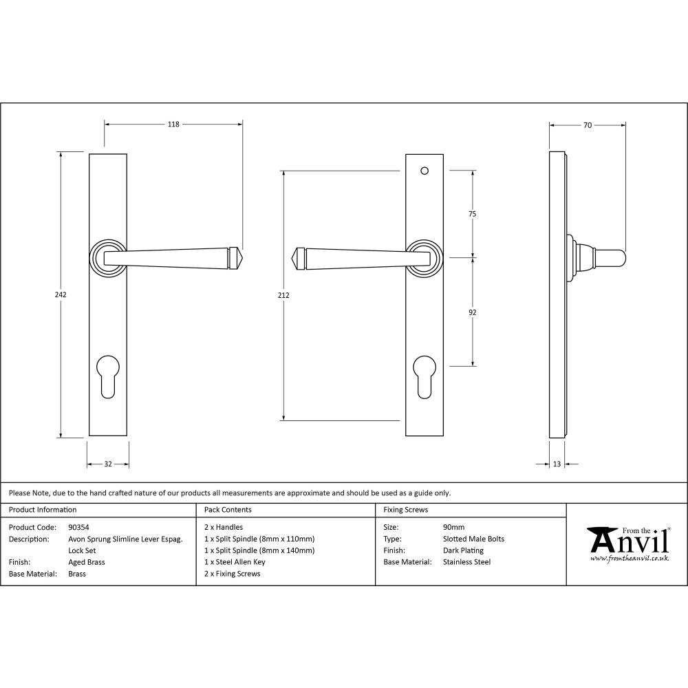 This is an image showing From The Anvil - Aged Brass Avon Slimline Lever Espag. Lock Set available from trade door handles, quick delivery and discounted prices