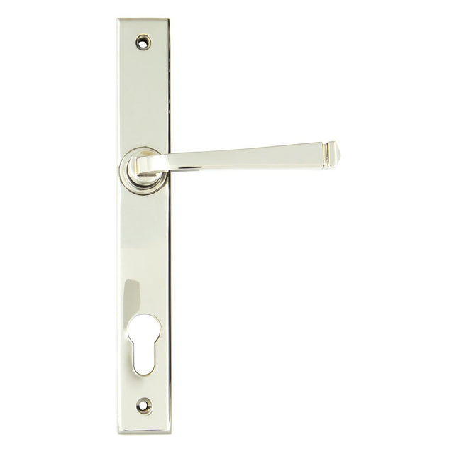 This is an image showing From The Anvil - Polished Nickel Avon Slimline Lever Espag. Lock Set available from trade door handles, quick delivery and discounted prices