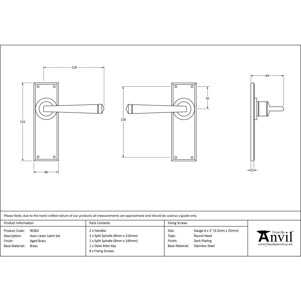 This is an image showing From The Anvil - Aged Brass Avon Lever Latch Set available from trade door handles, quick delivery and discounted prices