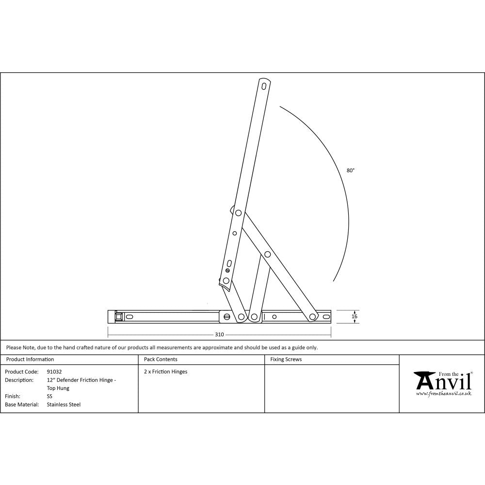 High quality image of From The Anvil - SS 12" Defender Friction Hinge - Top Hung | Sku. 91032 | Trade Door Handles, Kendal.