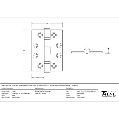 This is an image showing From The Anvil - Black 4" Ball Bearing Butt Hinge (pair) available from trade door handles, quick delivery and discounted prices