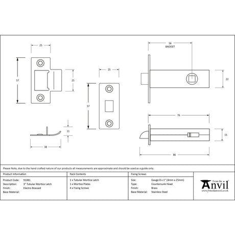 This is an image showing From The Anvil - Electro Brassed 3" Tubular Mortice Latch available from trade door handles, quick delivery and discounted prices