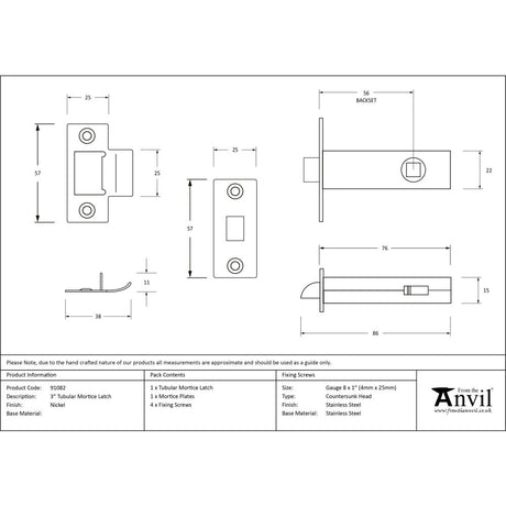High quality image of From The Anvil - Nickel 3" Tubular Mortice Latch | Sku. 91082 | Trade Door Handles, Kendal.