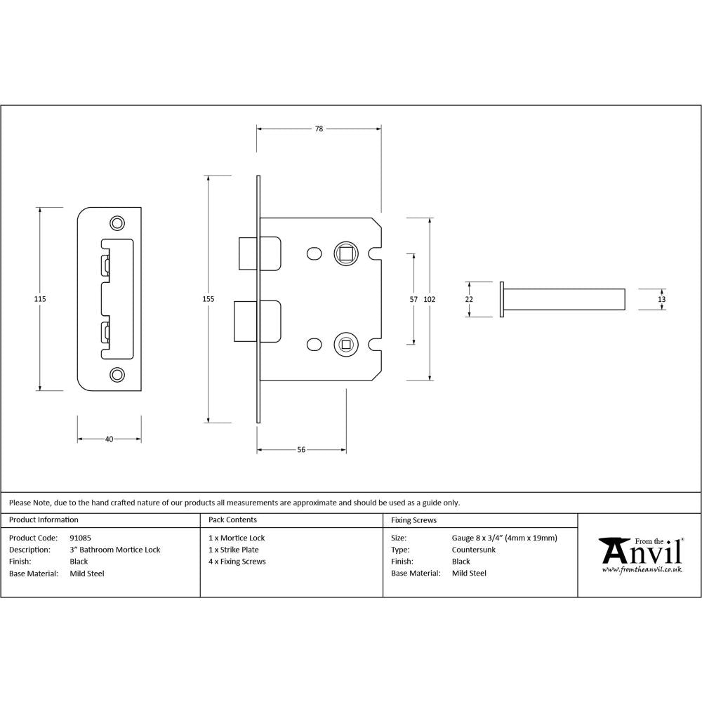 This is an image showing From The Anvil - Black 3" Bathroom Mortice Lock available from trade door handles, quick delivery and discounted prices