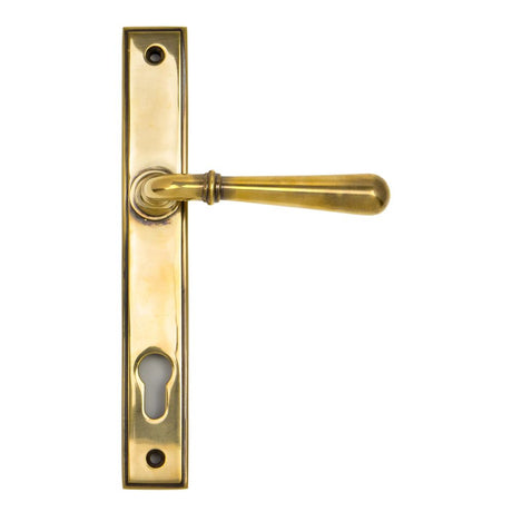 This is an image showing From The Anvil - Aged Brass Newbury Slimline Lever Espag. Lock Set available from trade door handles, quick delivery and discounted prices