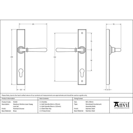 This is an image showing From The Anvil - Polished Chrome Newbury Slimline Lever Espag. Lock Set available from trade door handles, quick delivery and discounted prices