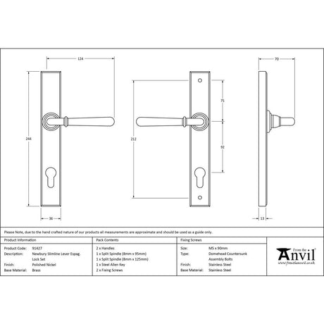 This is an image showing From The Anvil - Polished Nickel Newbury Slimline Lever Espag. Lock Set available from trade door handles, quick delivery and discounted prices