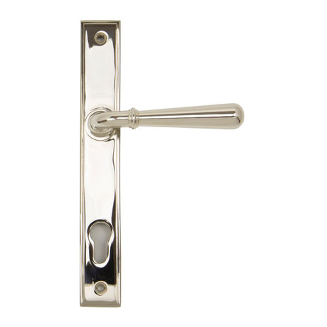 This is an image showing From The Anvil - Polished Nickel Newbury Slimline Lever Espag. Lock Set available from trade door handles, quick delivery and discounted prices