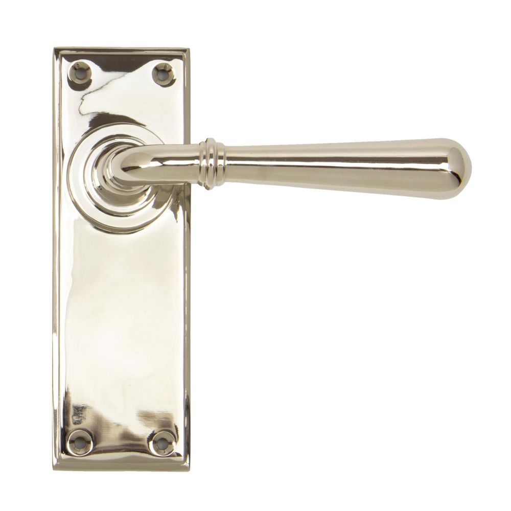 This is an image showing From The Anvil - Polished Nickel Newbury Lever Latch Set available from trade door handles, quick delivery and discounted prices