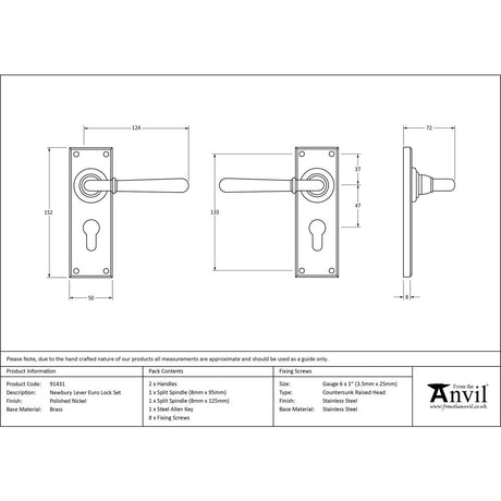 This is an image showing From The Anvil - Polished Nickel Newbury Lever Euro Lock Set available from trade door handles, quick delivery and discounted prices