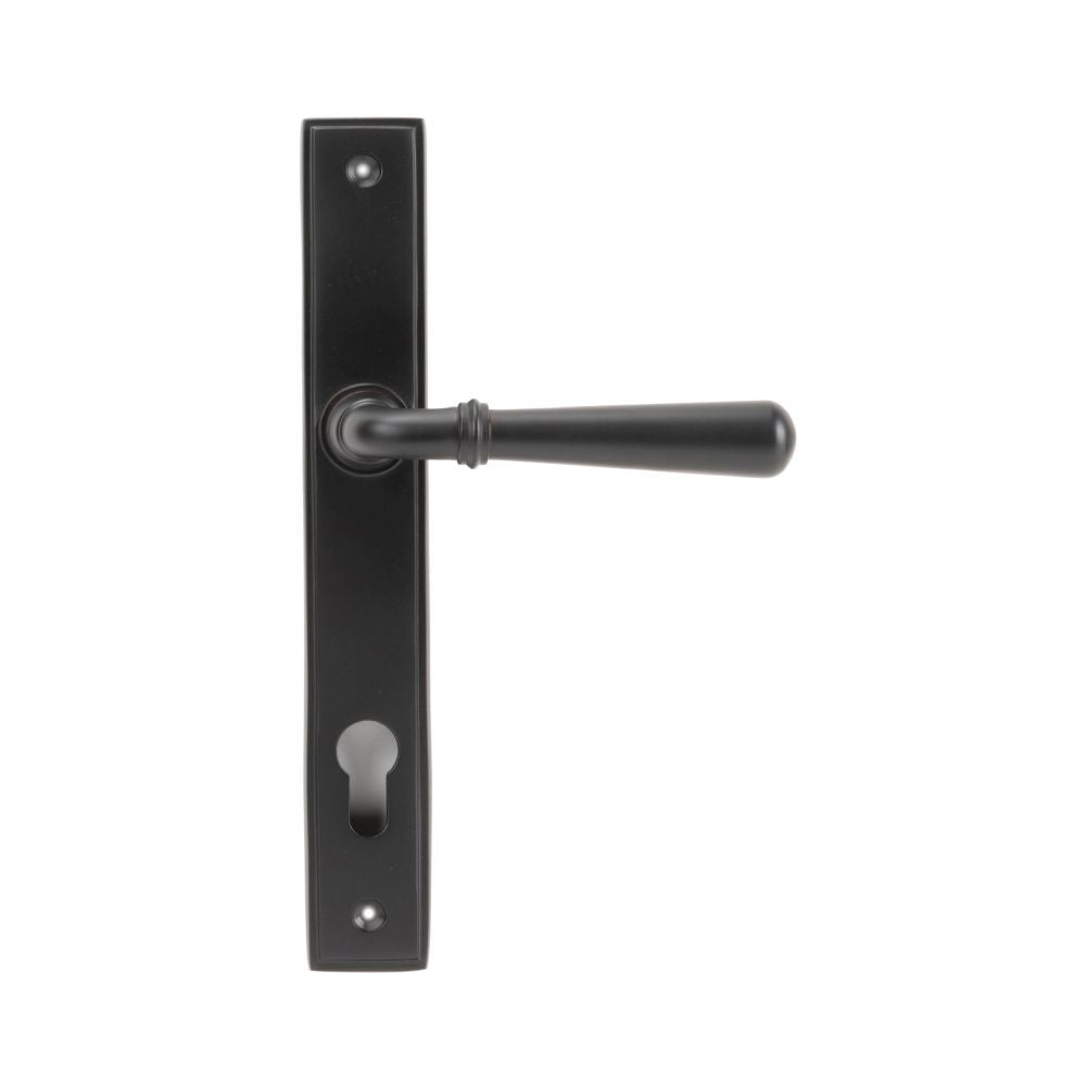 This is an image showing From The Anvil - Aged Bronze Newbury Slimline Lever Espag. Lock Set available from trade door handles, quick delivery and discounted prices