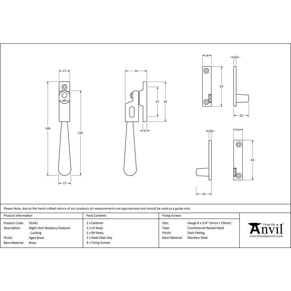 This is an image showing From The Anvil - Aged Brass Night-Vent Locking Newbury Fastener available from trade door handles, quick delivery and discounted prices