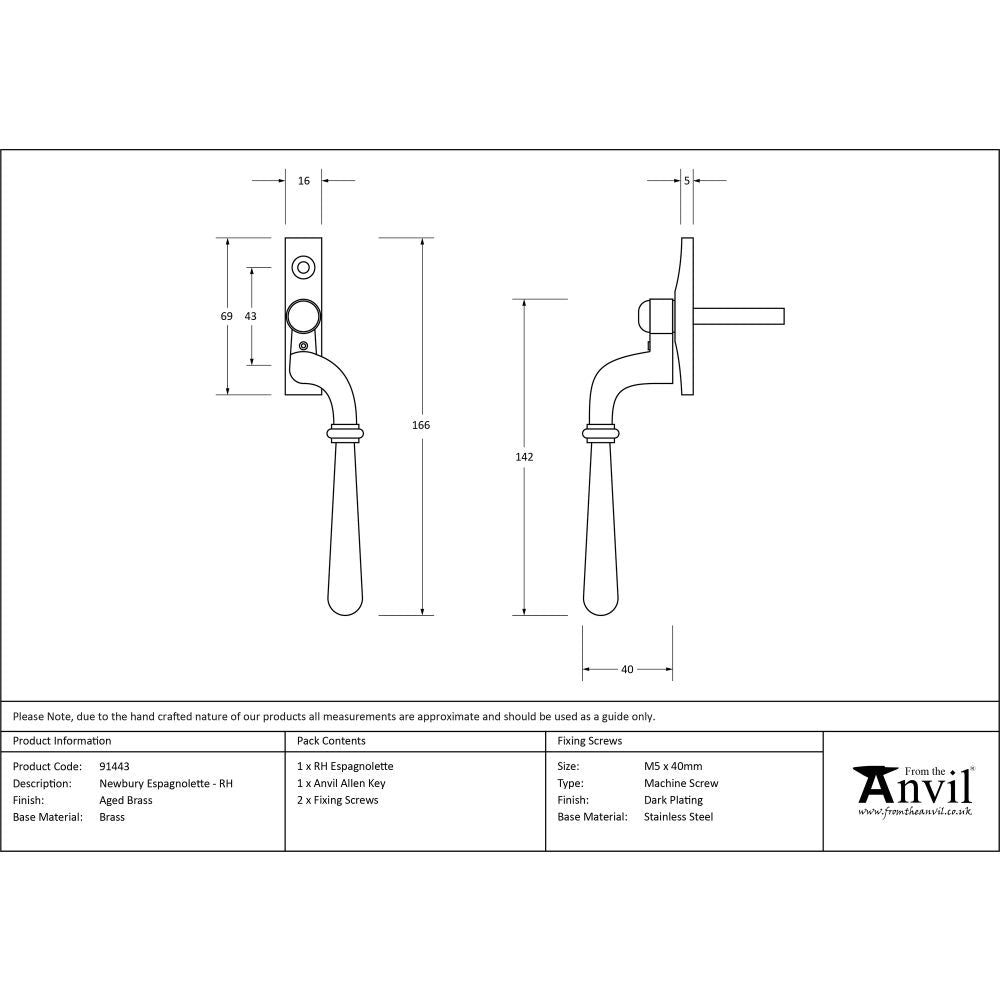 High quality image of From The Anvil - Aged Brass Newbury Espag - RH | Sku. 91443 | Trade Door Handles, Kendal.