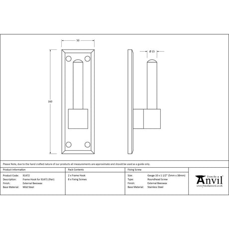 High quality image of From The Anvil - External Beeswax Frame Hook For 91471 (pair) | Sku. 91472 | Trade Door Handles, Kendal.