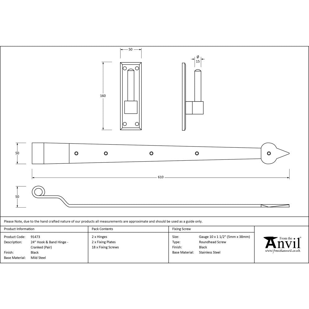 This is an image showing From The Anvil - Black 24" Hook & Band Hinge - Cranked (pair) available from trade door handles, quick delivery and discounted prices