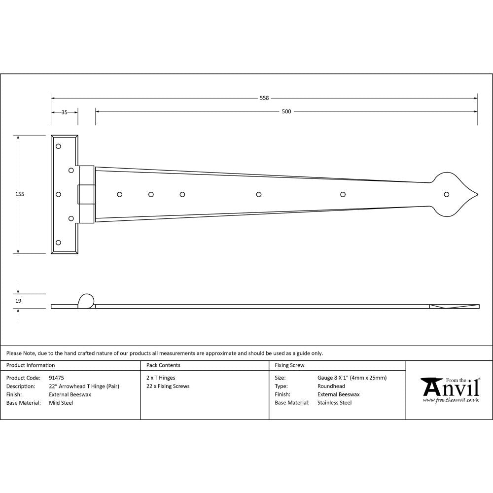 This is an image showing From The Anvil - External Beeswax 22" Arrow Head T Hinge (pair) available from trade door handles, quick delivery and discounted prices