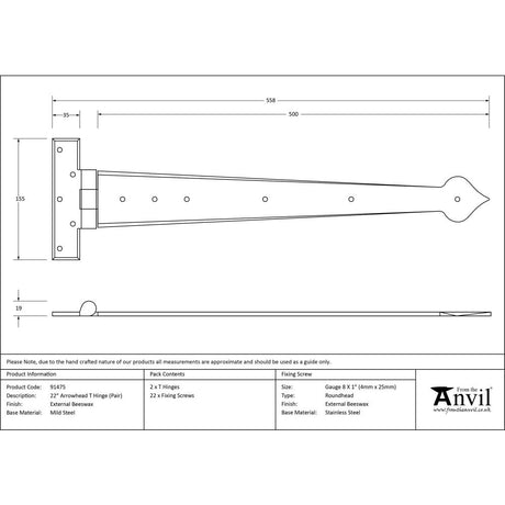 This is an image showing From The Anvil - External Beeswax 22" Arrow Head T Hinge (pair) available from trade door handles, quick delivery and discounted prices