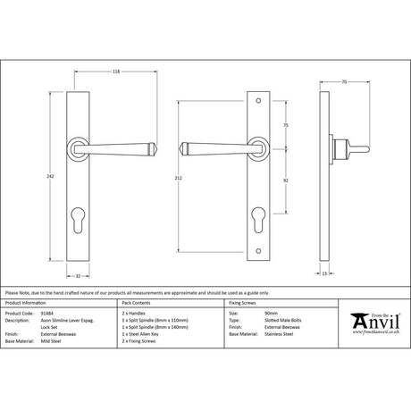 This is an image showing From The Anvil - External Beeswax Avon Slimline Lever Espag. Lock Set available from trade door handles, quick delivery and discounted prices