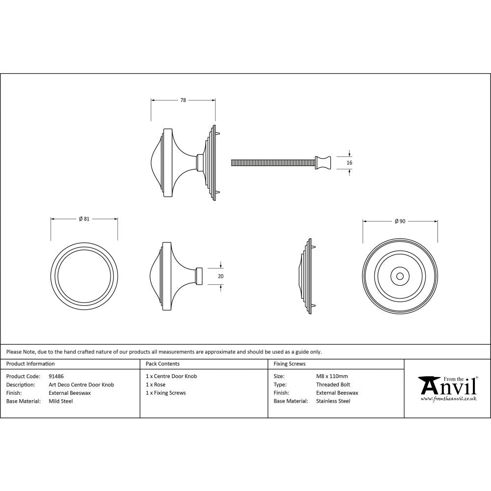 This is an image showing From The Anvil - External Beeswax Art Deco Centre Door Knob available from trade door handles, quick delivery and discounted prices