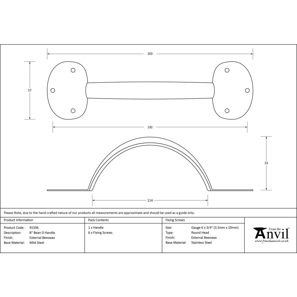 This is an image showing From The Anvil - External Beeswax 8" Bean D Handle available from trade door handles, quick delivery and discounted prices