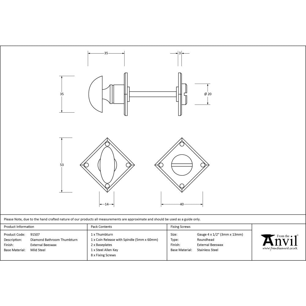 This is an image showing From The Anvil - External Beeswax Diamond Bathroom Thumbturn available from trade door handles, quick delivery and discounted prices