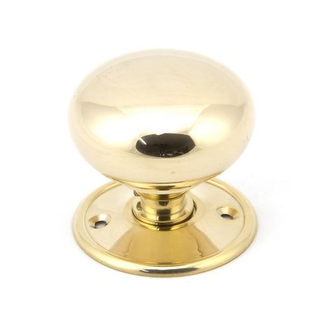 This is an image showing From The Anvil - Polished Brass 57mm Mushroom Mortice/Rim Knob Set available from trade door handles, quick delivery and discounted prices