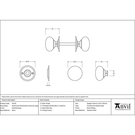 This is an image showing From The Anvil - Polished Brass 57mm Mushroom Mortice/Rim Knob Set available from trade door handles, quick delivery and discounted prices