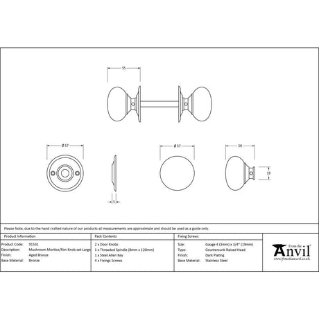 This is an image showing From The Anvil - Aged Bronze 57mm Mushroom Mortice/Rim Knob Set available from trade door handles, quick delivery and discounted prices
