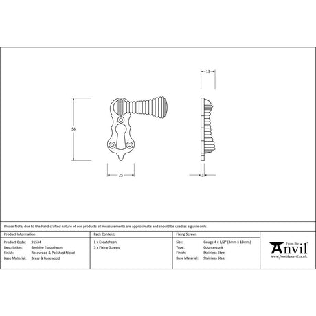 This is an image showing From The Anvil - Rosewood & Polished Nickel Beehive Escutcheon available from trade door handles, quick delivery and discounted prices