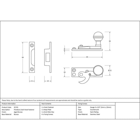 This is an image showing From The Anvil - Aged Bronze Prestbury Sash Hook Fastener available from trade door handles, quick delivery and discounted prices