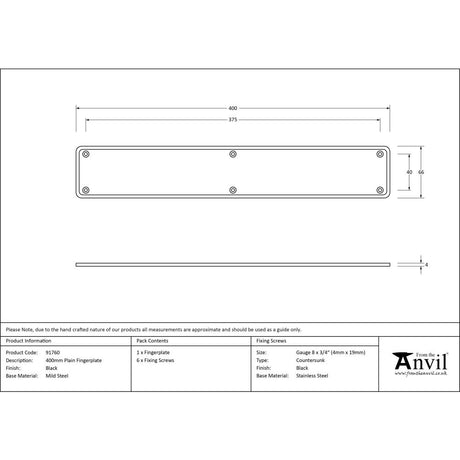 This is an image showing From The Anvil - Black 400mm Plain Fingerplate available from trade door handles, quick delivery and discounted prices