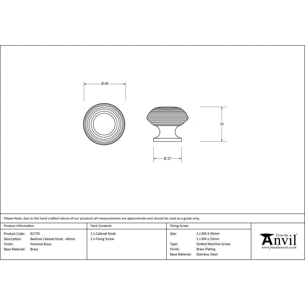 This is an image showing From The Anvil - Polished Brass Beehive Cabinet Knob 40mm available from trade door handles, quick delivery and discounted prices