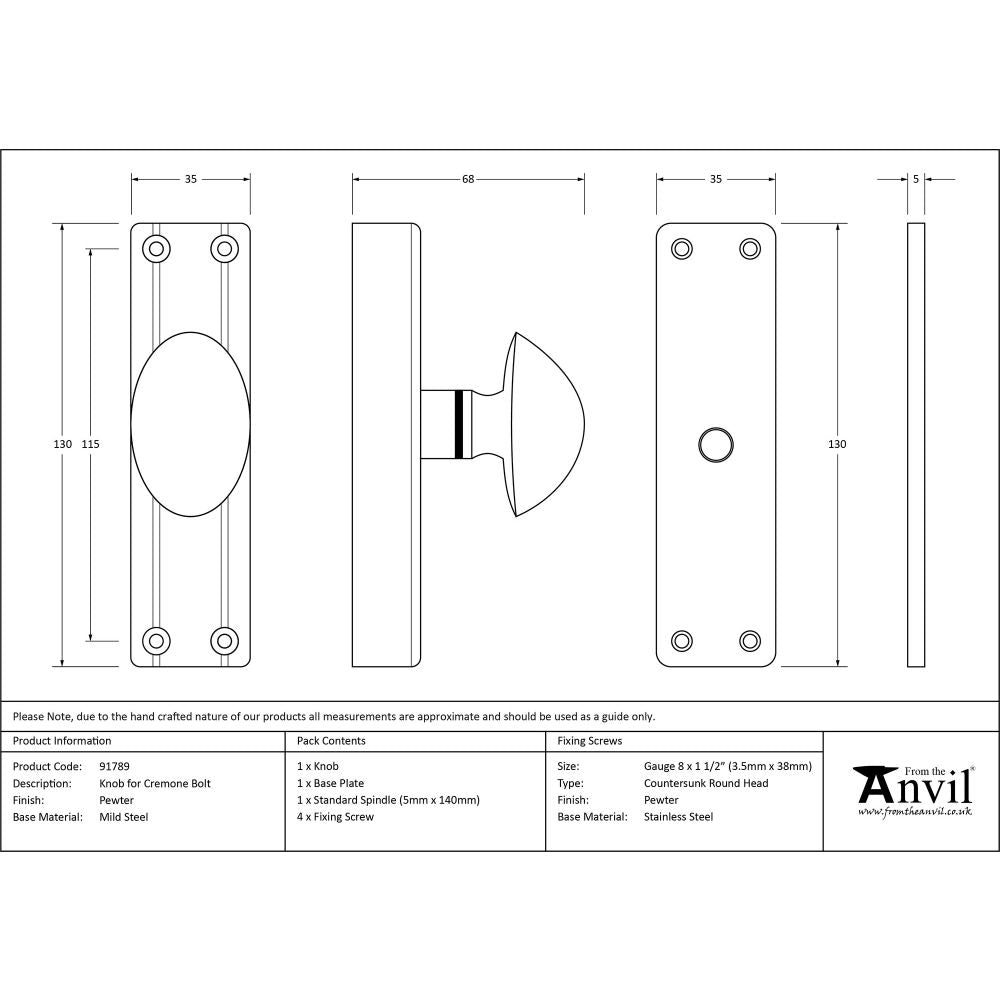 This is an image showing From The Anvil - Pewter knob for Cremone Bolt available from trade door handles, quick delivery and discounted prices