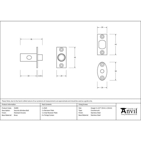 High quality image of From The Anvil - Polished Chrome Security Window Bolt | Sku. 91899 | Trade Door Handles, Kendal.