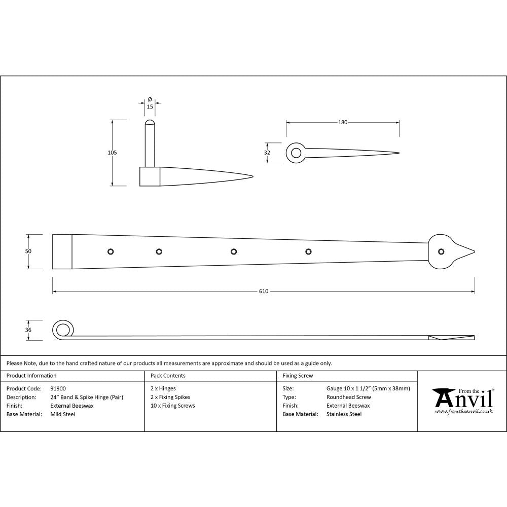 This is an image showing From The Anvil - External Beeswax 24" Band & Spike Hinge (Pair) available from trade door handles, quick delivery and discounted prices