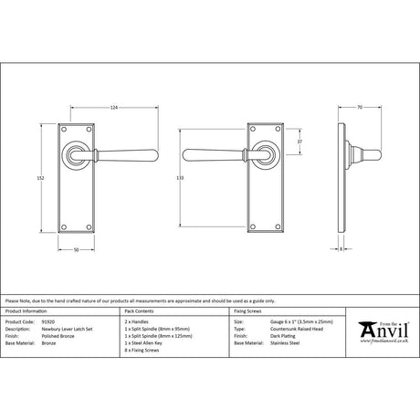 This is an image showing From The Anvil - Polished Bronze Newbury Lever Latch Set available from trade door handles, quick delivery and discounted prices