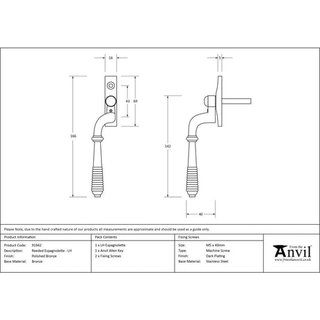 High quality image of From The Anvil - Polished Bronze Reeded Espag - LH | Sku. 91942 | Trade Door Handles, Kendal.