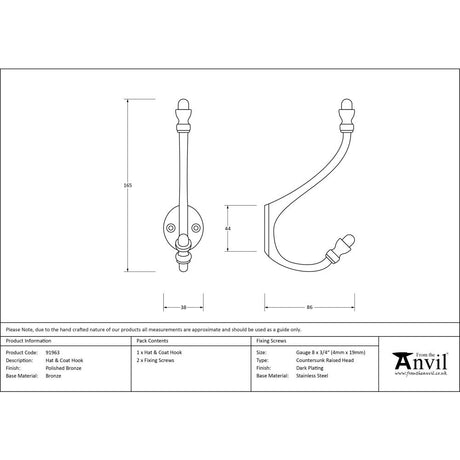 High quality image of From The Anvil - Polished Bronze Hat & Coat Hook | Sku. 91963 | Trade Door Handles, Kendal.