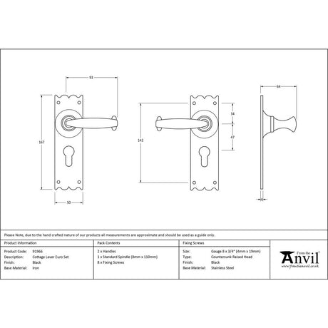 This is an image showing From The Anvil - Black Cottage Lever Euro Lock Set available from trade door handles, quick delivery and discounted prices