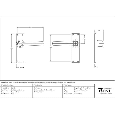 This is an image showing From The Anvil - Polished Brass Straight Lever Latch Set available from trade door handles, quick delivery and discounted prices