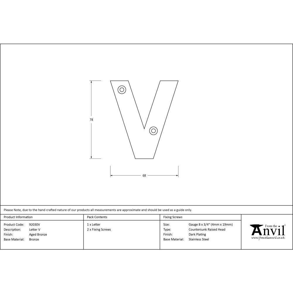 High quality image of From The Anvil - Aged Bronze Letter V | Sku. 92030v | Trade Door Handles, Kendal.
