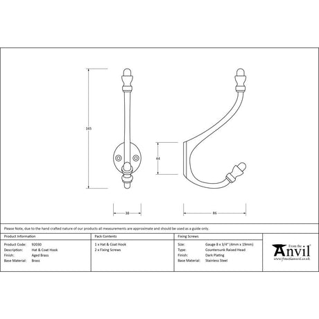 High quality image of From The Anvil - Aged Brass Hat & Coat Hook | Sku. 92030 | Trade Door Handles, Kendal.