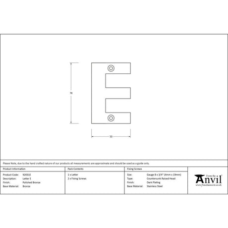 This is an image showing From The Anvil - Polished Bronze Letter E available from trade door handles, quick delivery and discounted prices
