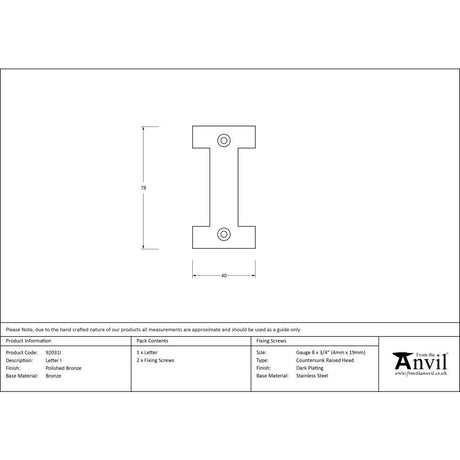This is an image showing From The Anvil - Polished Bronze Letter I available from trade door handles, quick delivery and discounted prices