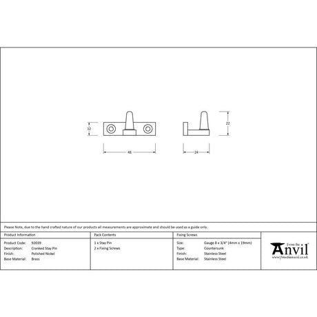 High quality image of From The Anvil - Polished Nickel Cranked Stay Pin | Sku. 92039 | Trade Door Handles, Kendal.