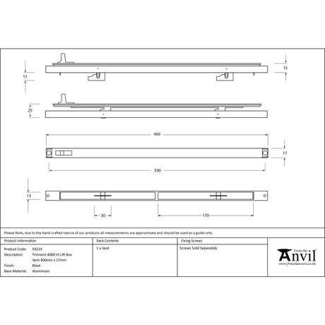 This is an image showing From The Anvil - Black Trimvent 4000 Hi Lift Box Vent 400mm x 17mm available from trade door handles, quick delivery and discounted prices