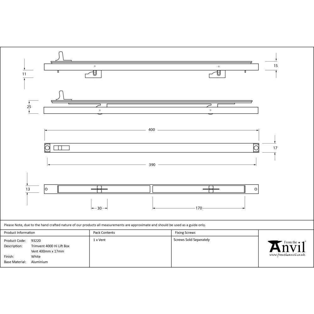 This is an image showing From The Anvil - White Trimvent 4000 Hi Lift Box Vent 400mm x 17mm available from trade door handles, quick delivery and discounted prices