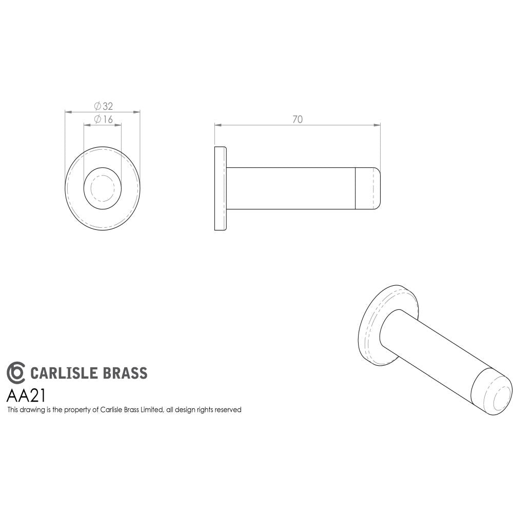 This image is a line drwaing of a Carlisle Brass - Cylinder Pattern Door Stop - with Rose - Satin Brass available to order from Trade Door Handles in Kendal