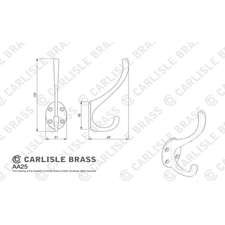 This image is a line drwaing of a Carlisle Brass - Hat and Coat Hook - Satin Nickel available to order from Trade Door Handles in Kendal