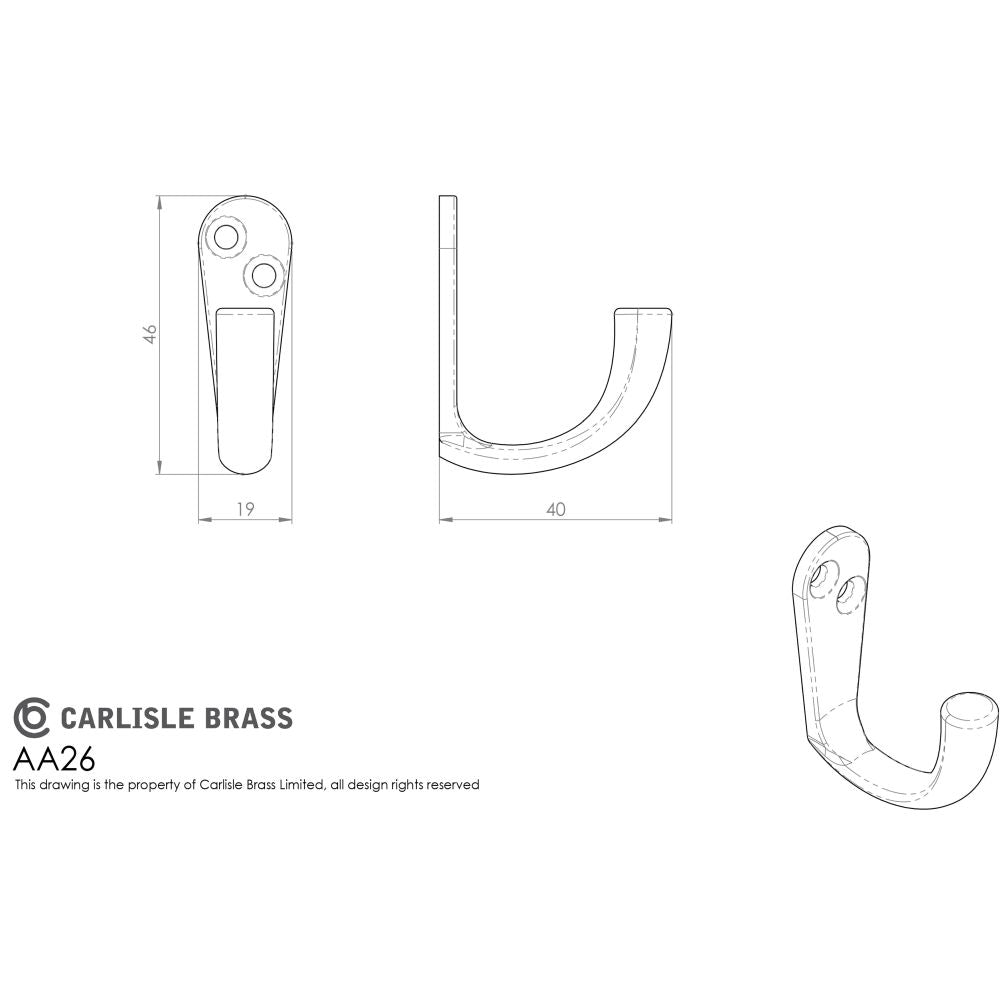 This image is a line drwaing of a Carlisle Brass - Victorian Robe Hook - Satin Chrome available to order from Trade Door Handles in Kendal